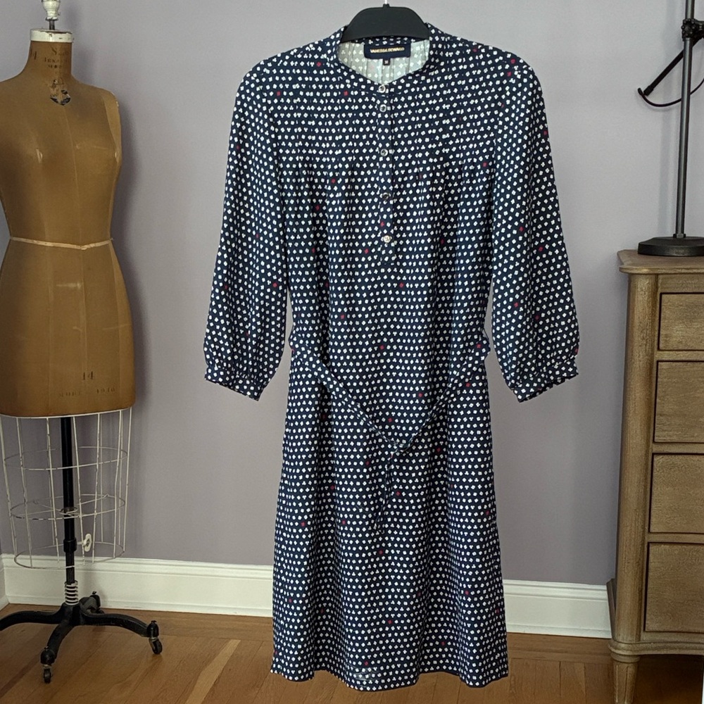 Vanessa Seward Navy and White Patterned Dress with Red Accents